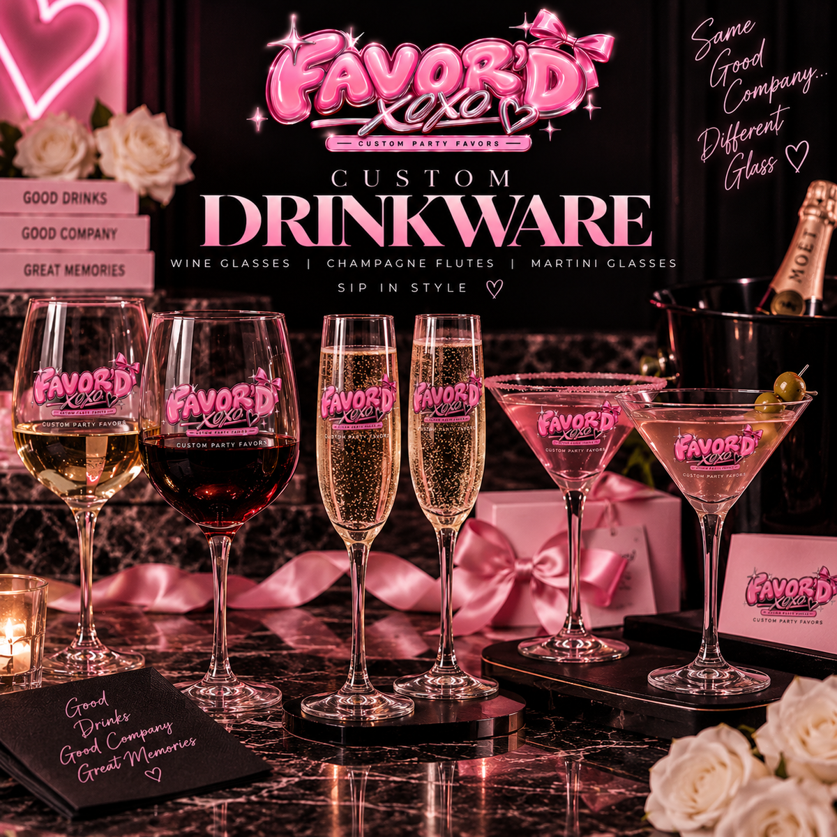 The Favor'd Glass Bar - Custom Wine, Champagne & Martini Glasses for Weddings & Events